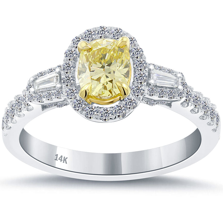 1.09 Carat Fancy Yellow Oval Cut Diamond Engagement Ring 14k Gold Pave Halo