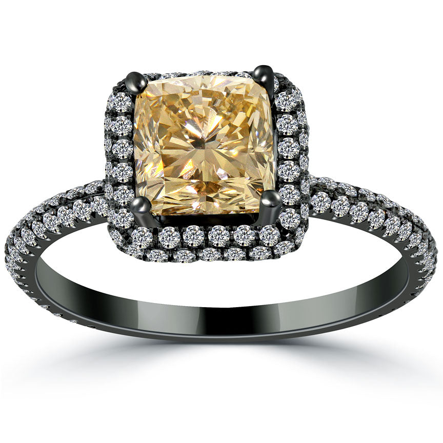 2.39 Carat Fancy Champagne Cushion Cut Diamond Engagement Ring 18k Black Gold