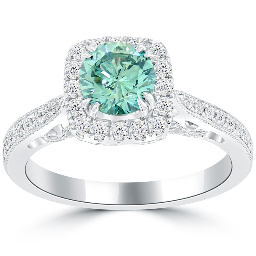 1.45 Carat Fancy Blue Diamond Engagement Ring 18k Gold Pave Halo Vintage Style