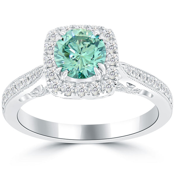 1.45 Carat Fancy Blue Diamond Engagement Ring 18k Gold Pave Halo Vintage Style