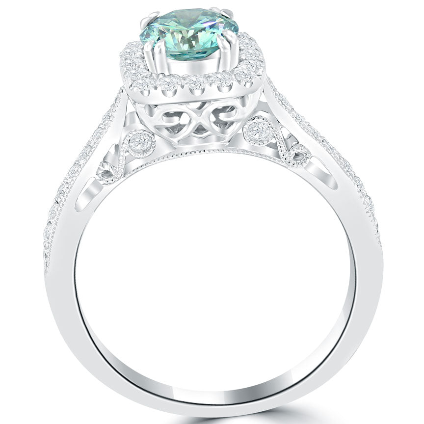 1.45 Carat Fancy Blue Diamond Engagement Ring 18k Gold Pave Halo Vintage Style