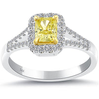 0.89 Carat Fancy Yellow Cushion Cut Diamond Engagement Ring 14k Gold Pave Halo