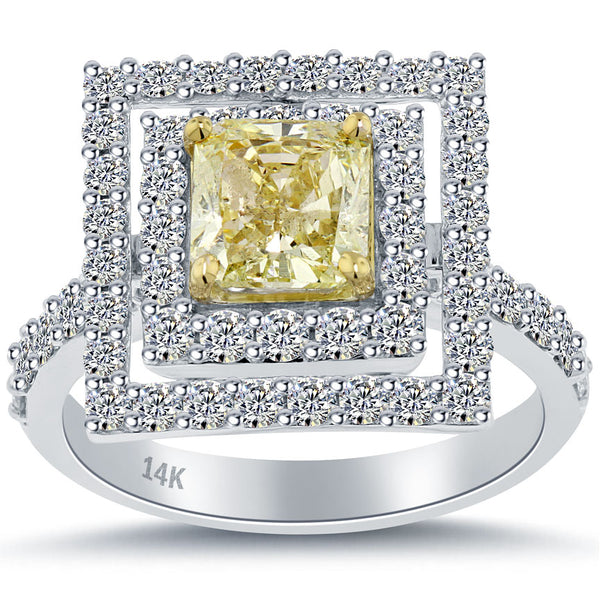 2.62 Carat Fancy Yellow Radiant Cut Diamond Engagement Ring 14k Gold Pave Halo