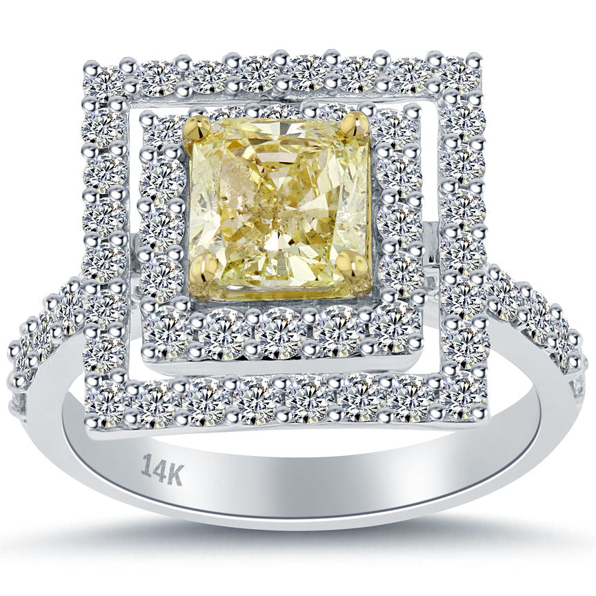 2.62 Carat Fancy Yellow Radiant Cut Diamond Engagement Ring 14k Gold Pave Halo