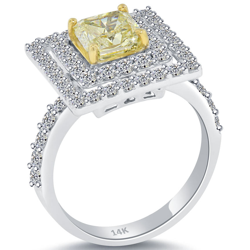 2.62 Carat Fancy Yellow Radiant Cut Diamond Engagement Ring 14k Gold Pave Halo