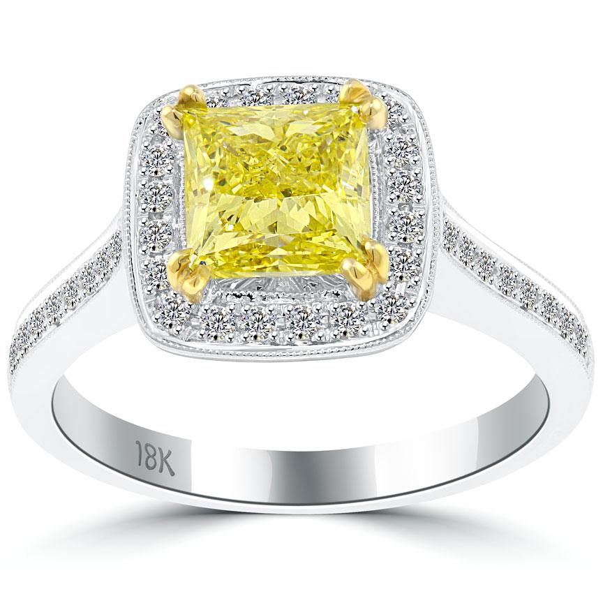 2.12 Carat Fancy Yellow Princess Cut Diamond Engagement Ring 18k White Gold