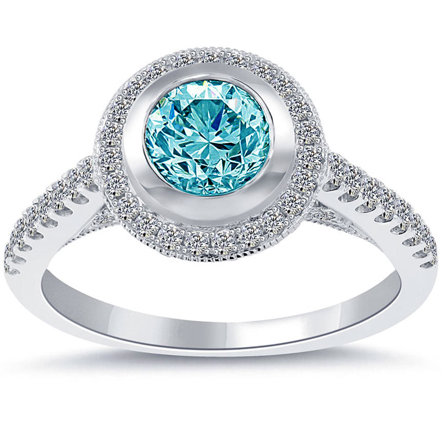 1.55 Carat Fancy Blue Diamond Engagement Ring 18k White Gold Vintage Style