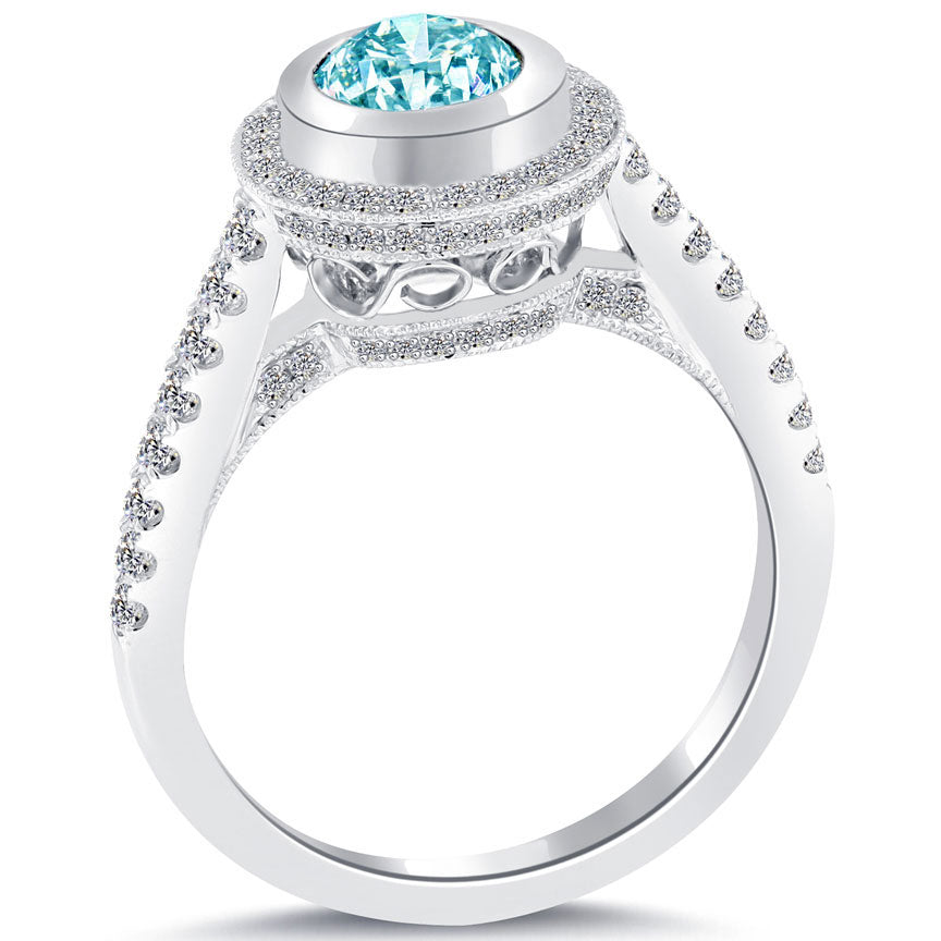 1.55 Carat Fancy Blue Diamond Engagement Ring 18k White Gold Vintage Style