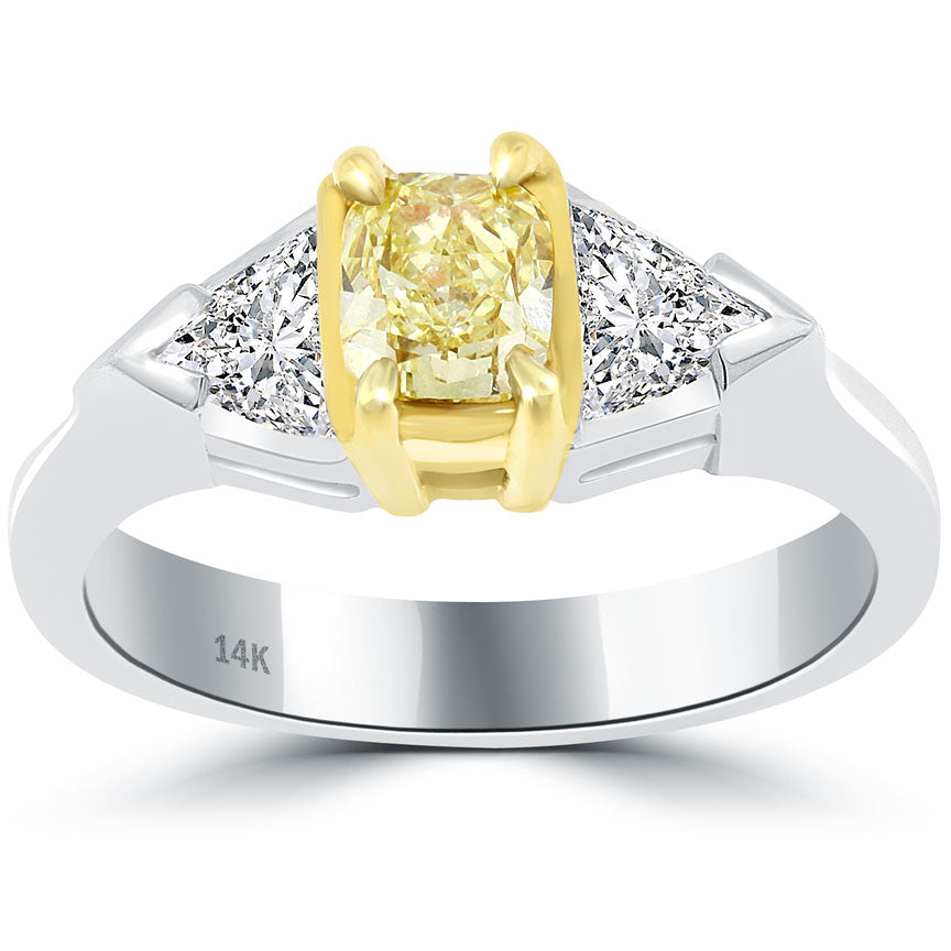 1.39 Carat Cushion Cut Fancy Yellow Three Stone Diamond Engagement Ring 14k Gold
