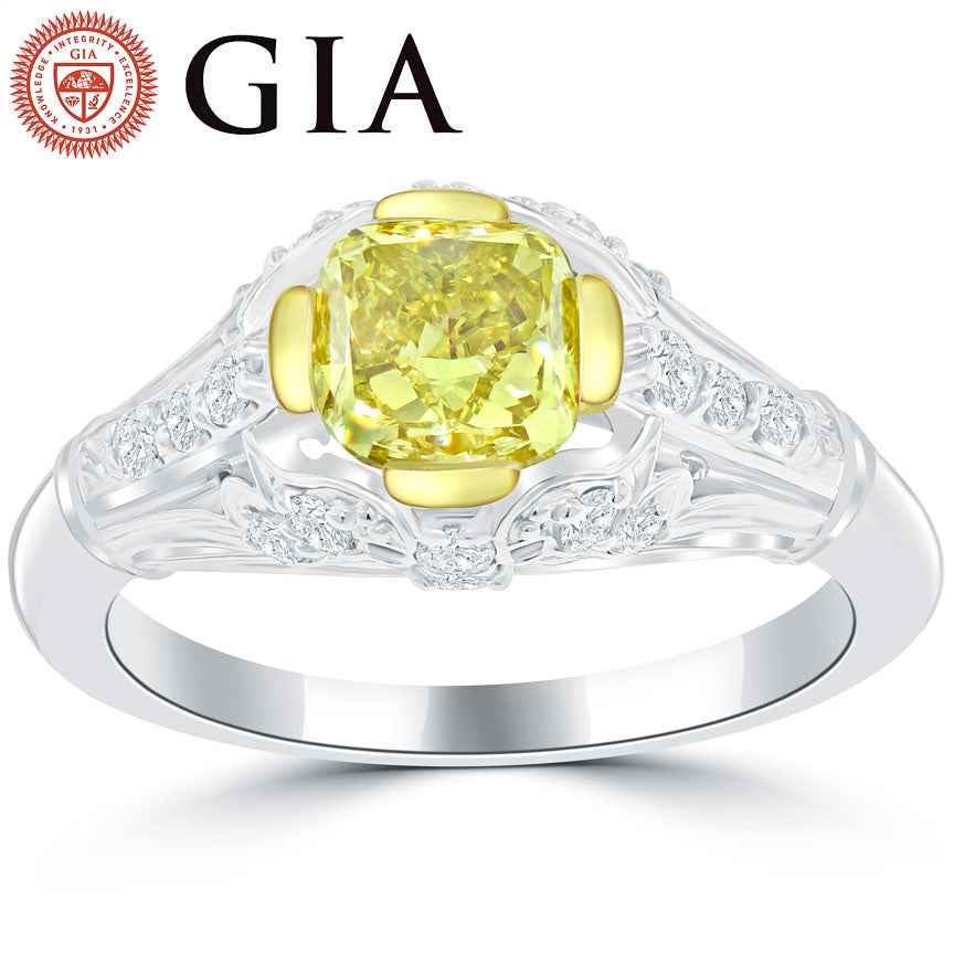1.72 Carat GIA Certified Fancy Intense Yellow Diamond Engagement Ring 14k Gold