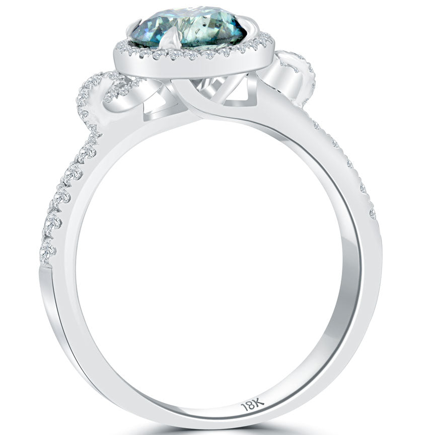 1.81 Carat Fancy Blue Diamond Engagement Ring 18k White Gold Pave Halo