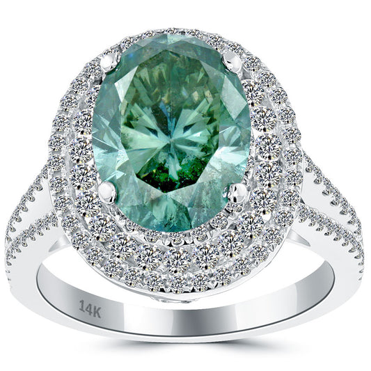 5.33 Carat Fancy Greenish Blue Oval Cut Diamond Engagement Ring 14k White Gold