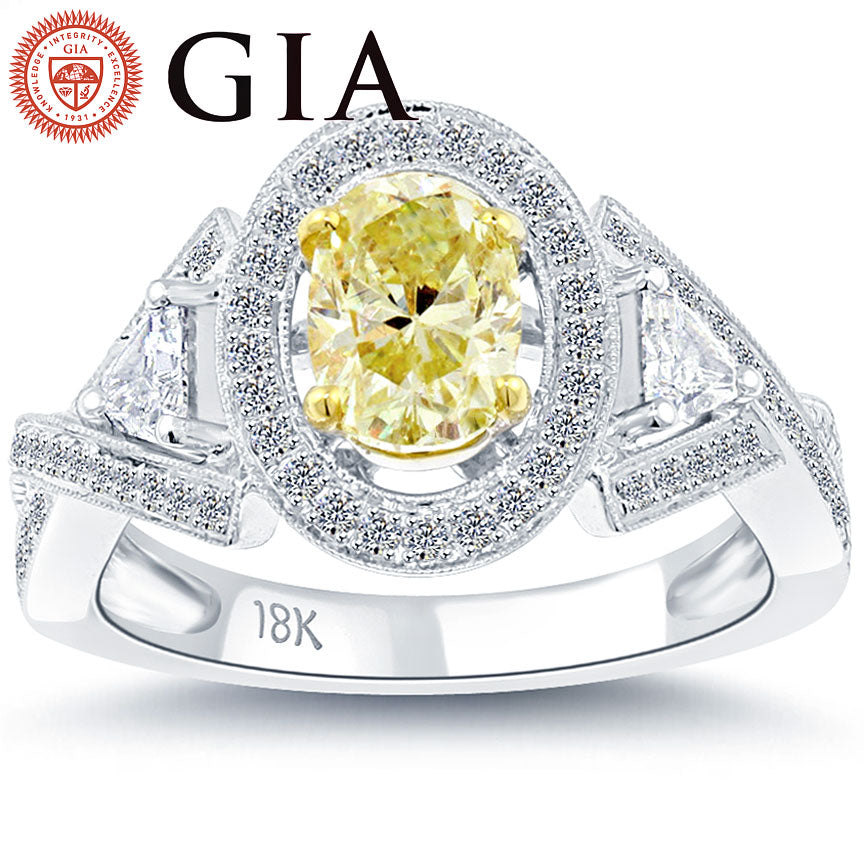 1.85 Ct. GIA Certified Natural Fancy Yellow Oval Cut Diamond Engagement Ring 18k