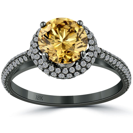 2.06 Carat Natural Fancy Champagne Brown Diamond Engagement Ring 18k Black Gold