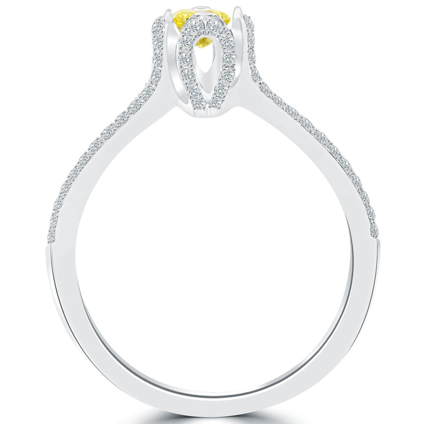 0.85 Carat Fancy Yellow Radiant Cut Diamond Engagement Ring 18k White Gold