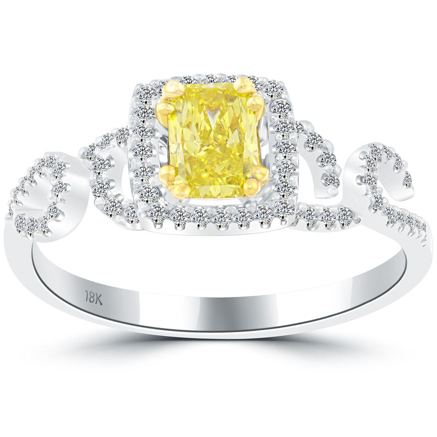 0.86 Carat Fancy Yellow Radiant Cut Diamond Engagement Ring 18k Gold Pave Halo