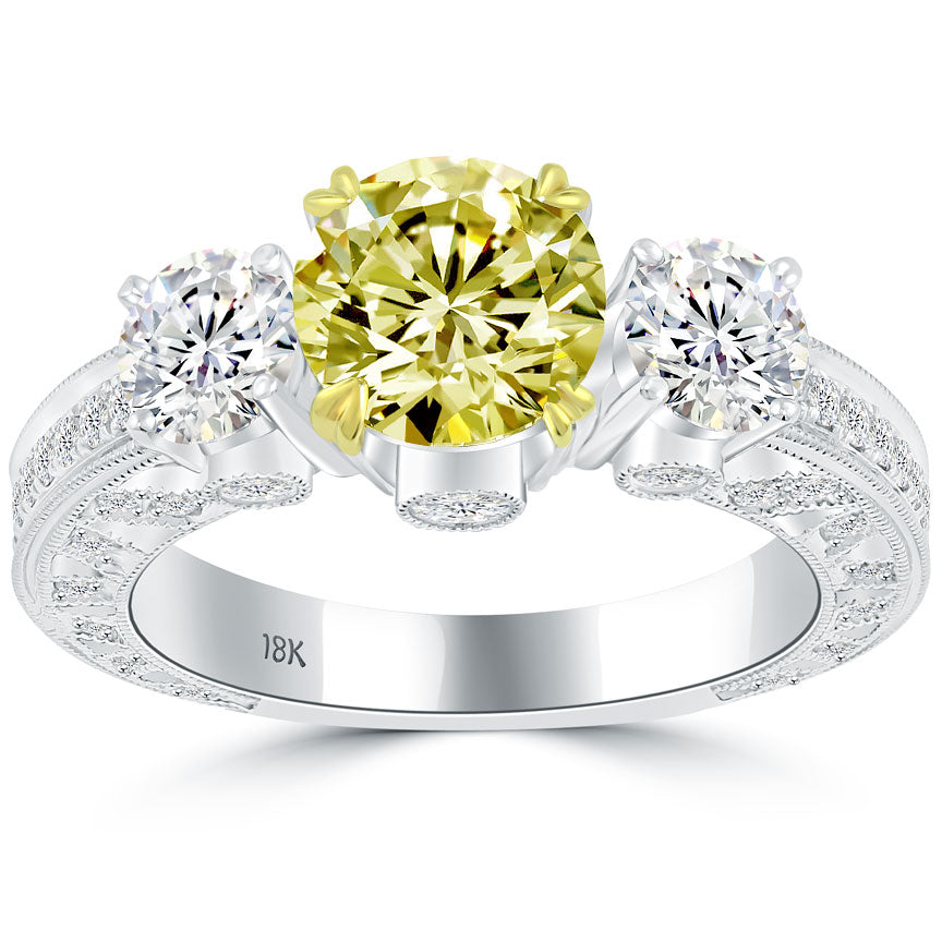 3.19 Carat Round Cut Fancy Yellow Three Stone Diamond Engagement Ring 18k Gold