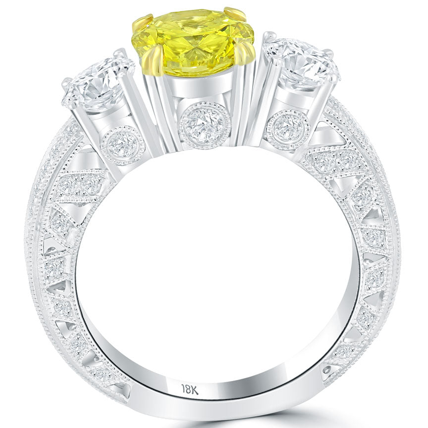 3.19 Carat Round Cut Fancy Yellow Three Stone Diamond Engagement Ring 18k Gold