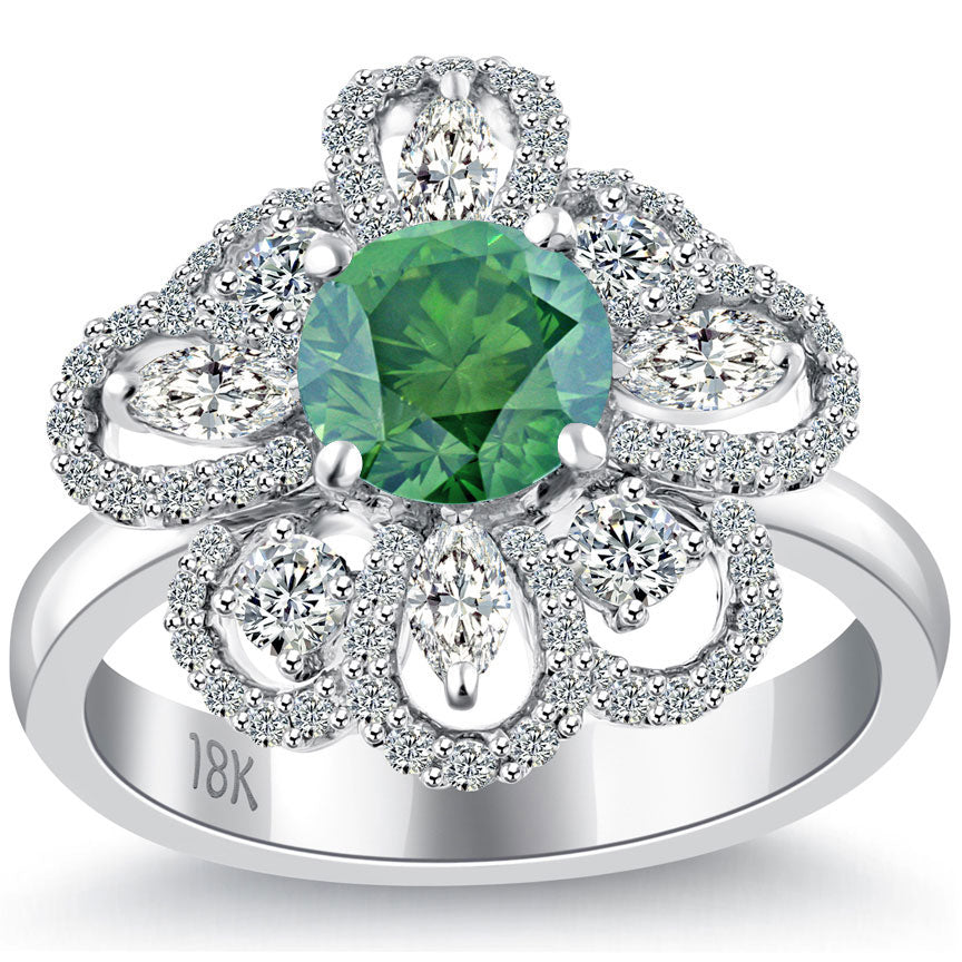 2.99 Carat Fancy Green Diamond Flower Shape Engagement Ring 18k White Gold