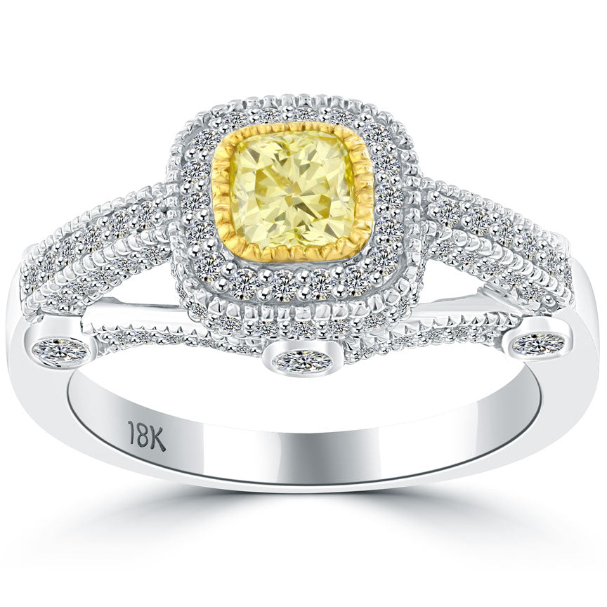 1.14 Carat Fancy Yellow Cushion Cut Diamond Engagement Ring 14k Vintage Style