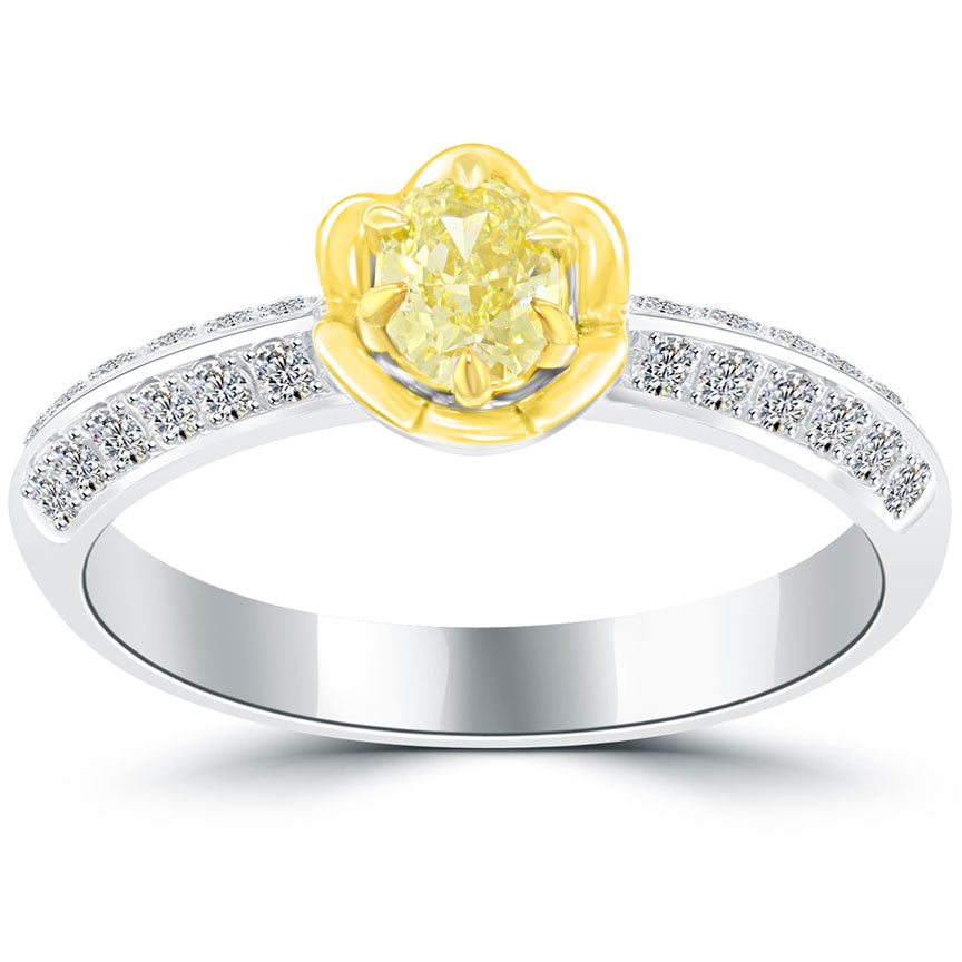 0.62 Carat Natural Fancy Yellow Oval Cut Diamond Engagement Ring 18k White Gold