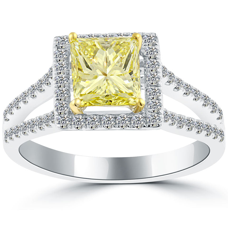 2.41 Carat Fancy Yellow Princess Cut Diamond Engagement Ring 14k Gold Pave Halo