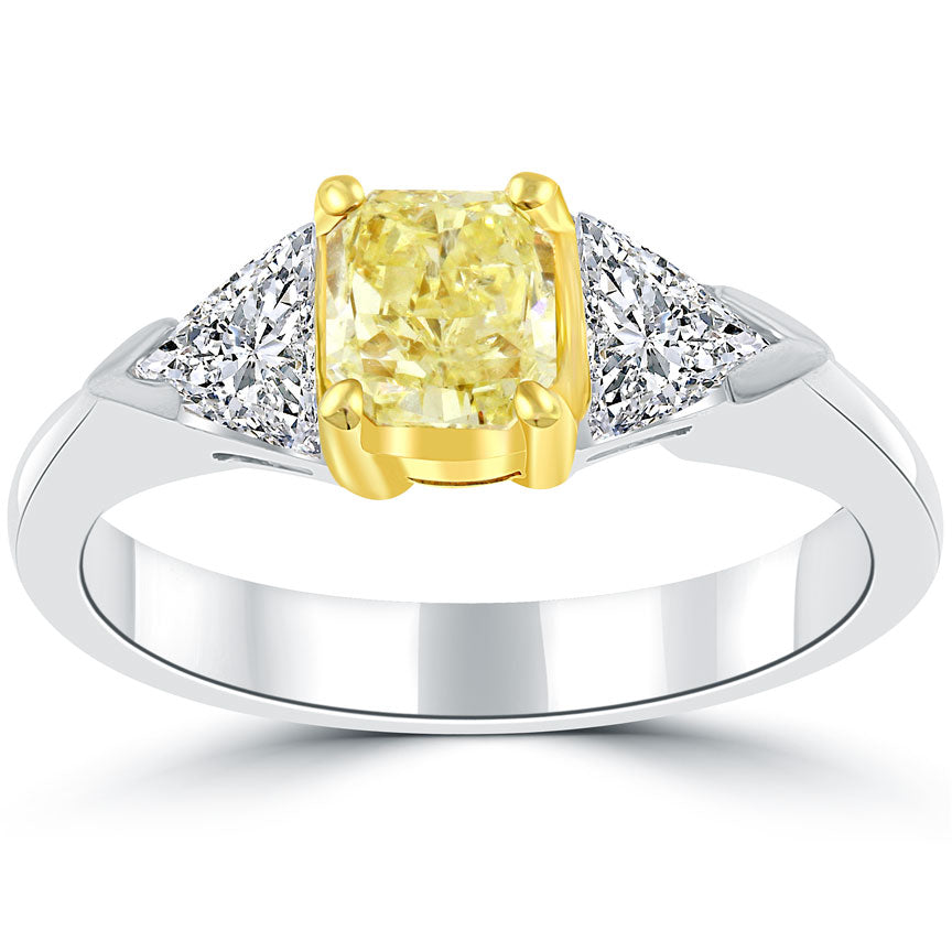 1.56 Carat Radiant Cut Fancy Yellow Three Stone Diamond Engagement Ring 14k Gold