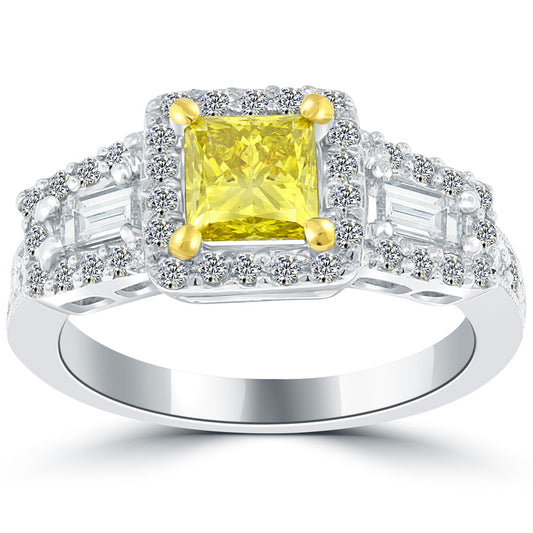 1.83 Carat Fancy Yellow Princess Cut Diamond Engagement Ring 14k Vintage Style