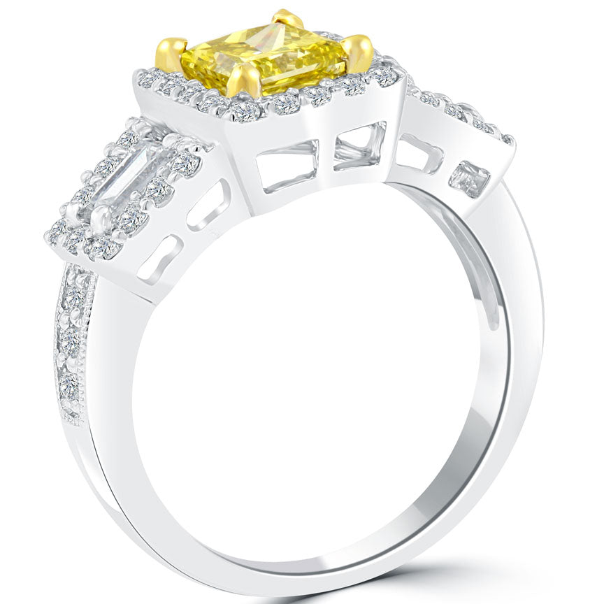 1.83 Carat Fancy Yellow Princess Cut Diamond Engagement Ring 14k Vintage Style