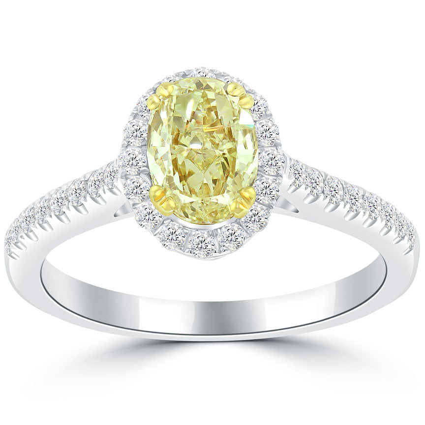 1.30 Carat Fancy Yellow Oval Cut Diamond Engagement Ring 14k Gold Pave Halo