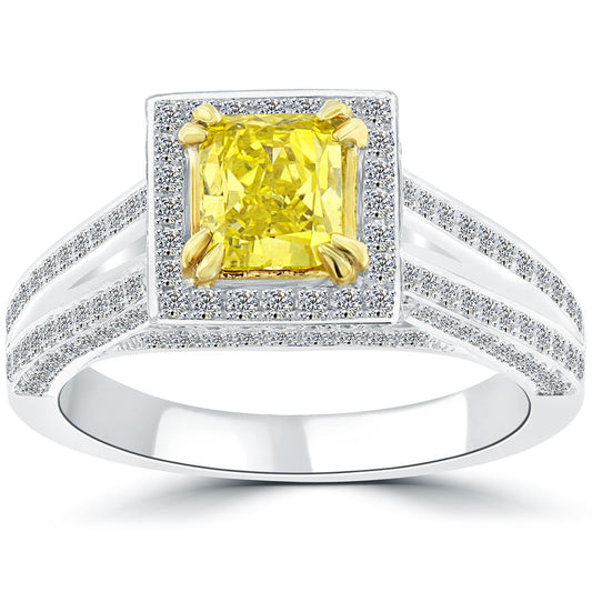 2.09 Carat Fancy Yellow Radiant Cut Diamond Engagement Ring 14k Gold Pave Halo