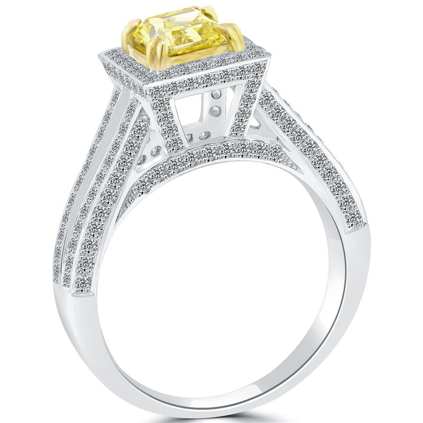 2.09 Carat Fancy Yellow Radiant Cut Diamond Engagement Ring 14k Gold Pave Halo
