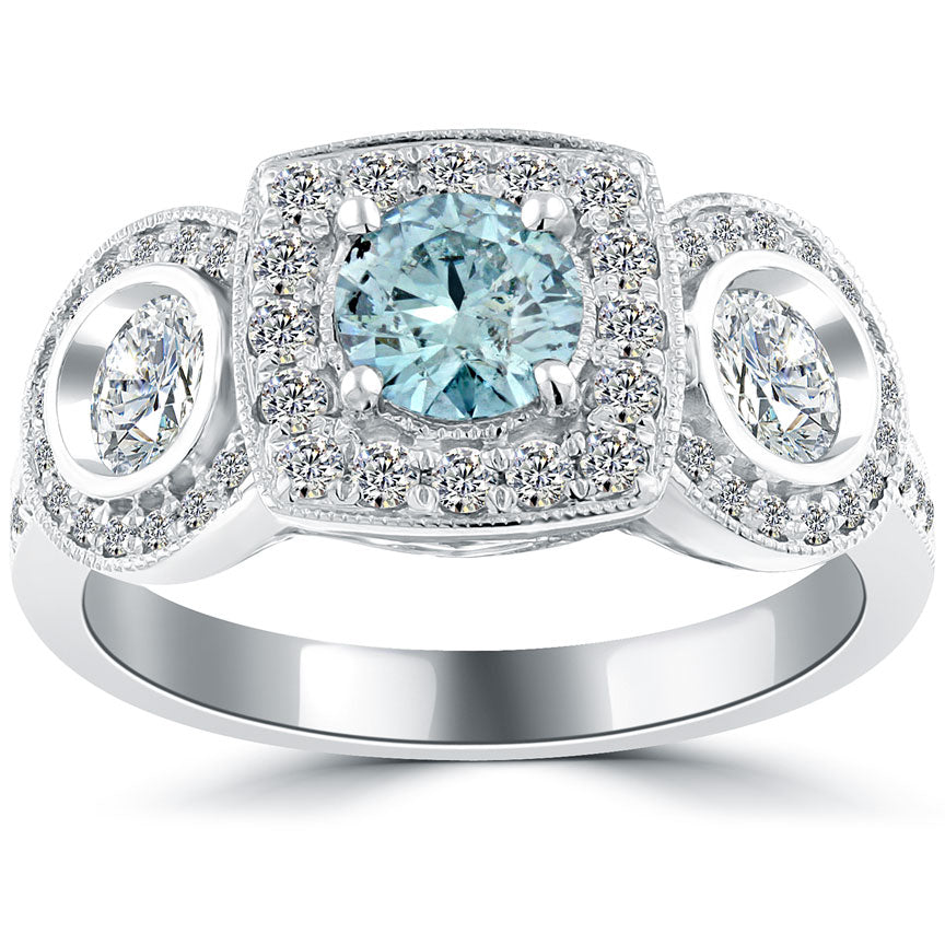 1.81 Carat Fancy Blue Diamond Engagement Ring 14k White Gold Vintage Style