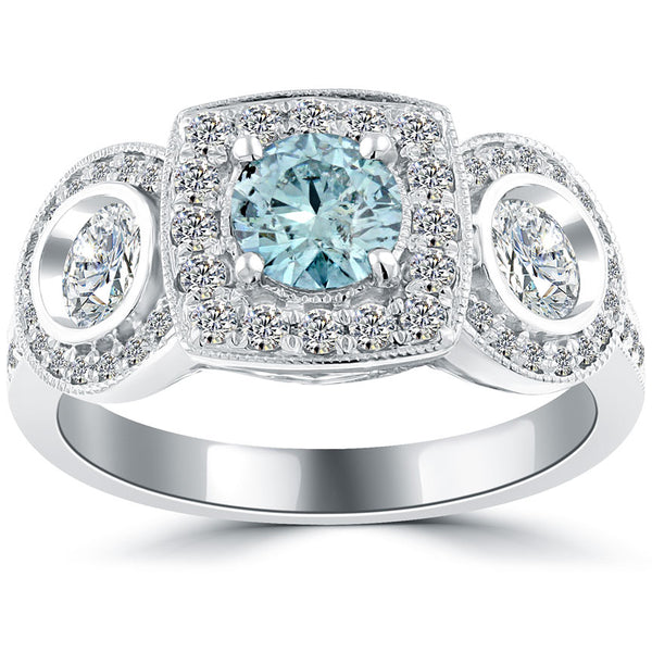 1.81 Carat Fancy Blue Diamond Engagement Ring 14k White Gold Vintage Style