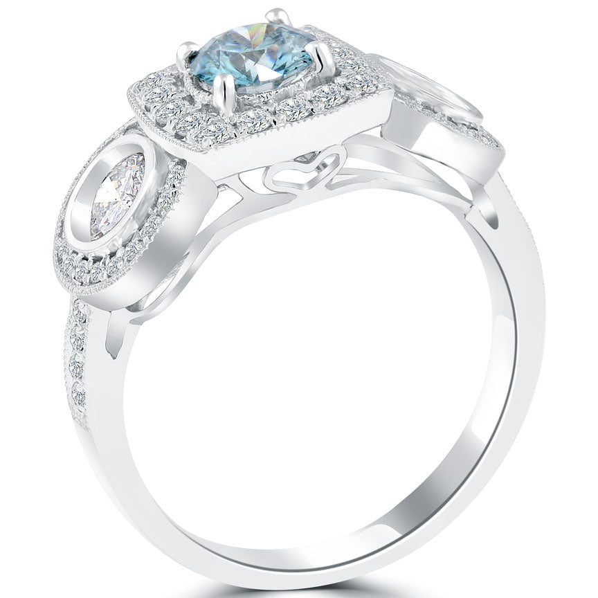 1.81 Carat Fancy Blue Diamond Engagement Ring 14k White Gold Vintage Style