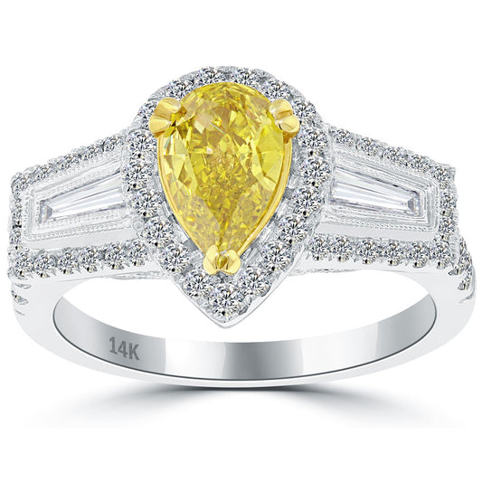 1.84 Carat Fancy Yellow Pear Shape Diamond Engagement Ring 14k Vintage Style