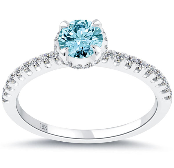 0.94 Carat Certified Fancy Blue Round Diamond Engagement Ring 18k White Gold