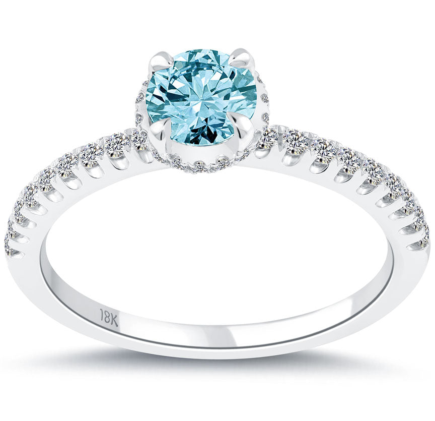 0.94 Carat Certified Fancy Blue Round Diamond Engagement Ring 18k White Gold