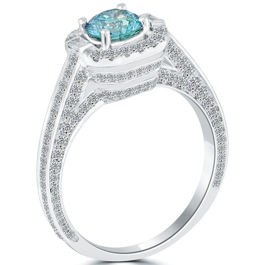 1.82 Carat Fancy Blue Diamond Engagement Ring 14k Gold Pave Halo Vintage Style