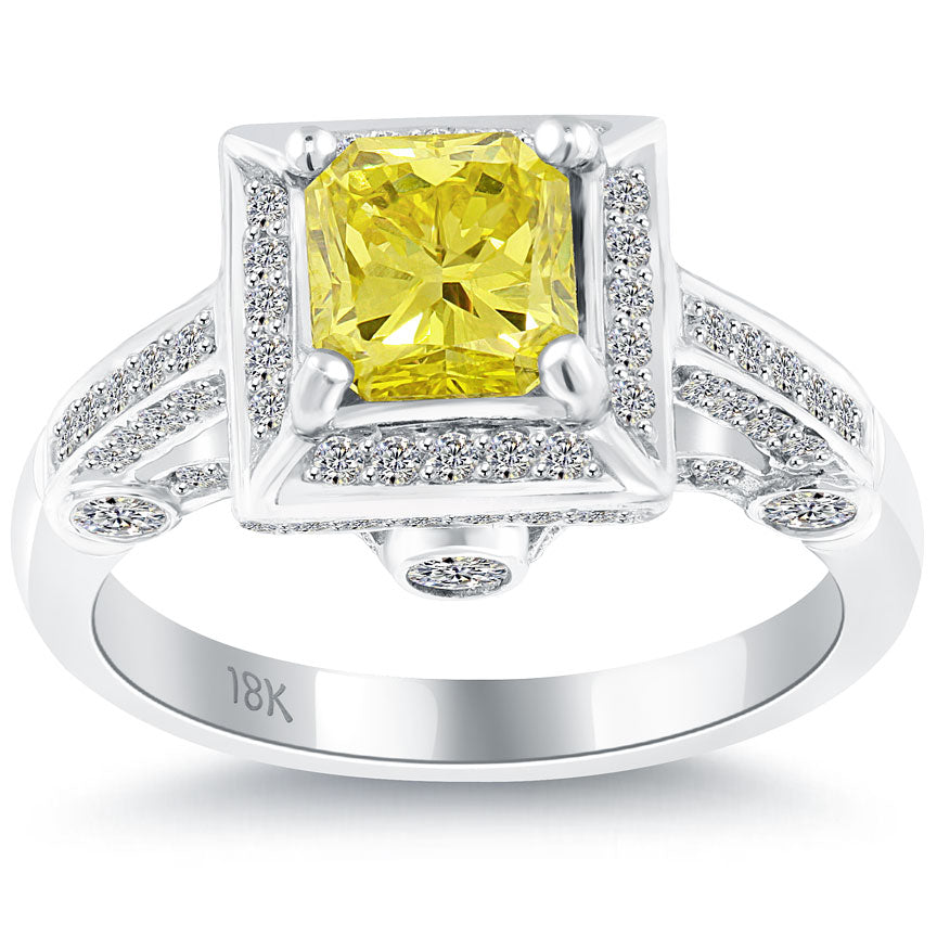 2.50 Carat Fancy Yellow Cushion Cut Diamond Engagement Ring 18k Gold Pave Halo