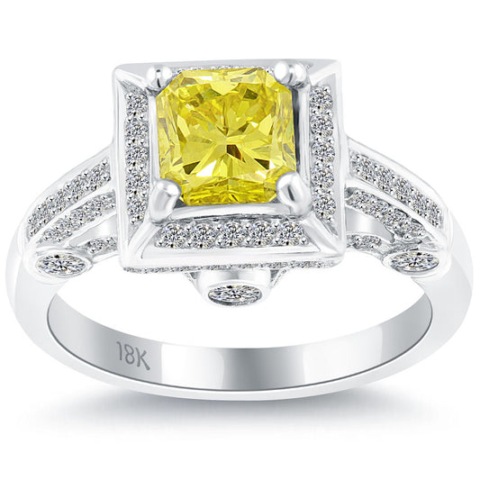 2.50 Carat Fancy Yellow Cushion Cut Diamond Engagement Ring 18k Gold Pave Halo