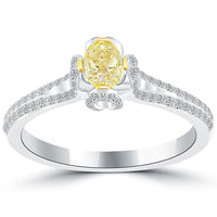 0.90 Carat Natural Fancy Yellow Oval Cut Diamond Engagement Ring 18k White Gold