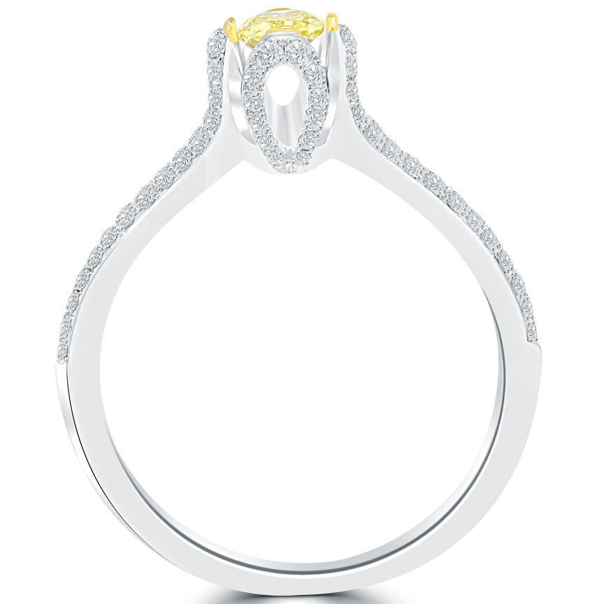 0.90 Carat Natural Fancy Yellow Oval Cut Diamond Engagement Ring 18k White Gold
