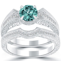 1.48 Carat Fancy Blue Round Cut Diamond Engagement Ring & Wedding Band Set 18k
