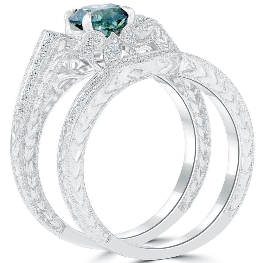 1.48 Carat Fancy Blue Round Cut Diamond Engagement Ring & Wedding Band Set 18k