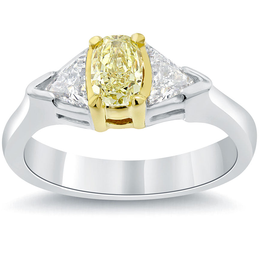 1.41 Carat Oval Cut Fancy Yellow Three Stone Diamond Engagement Ring 14k Gold