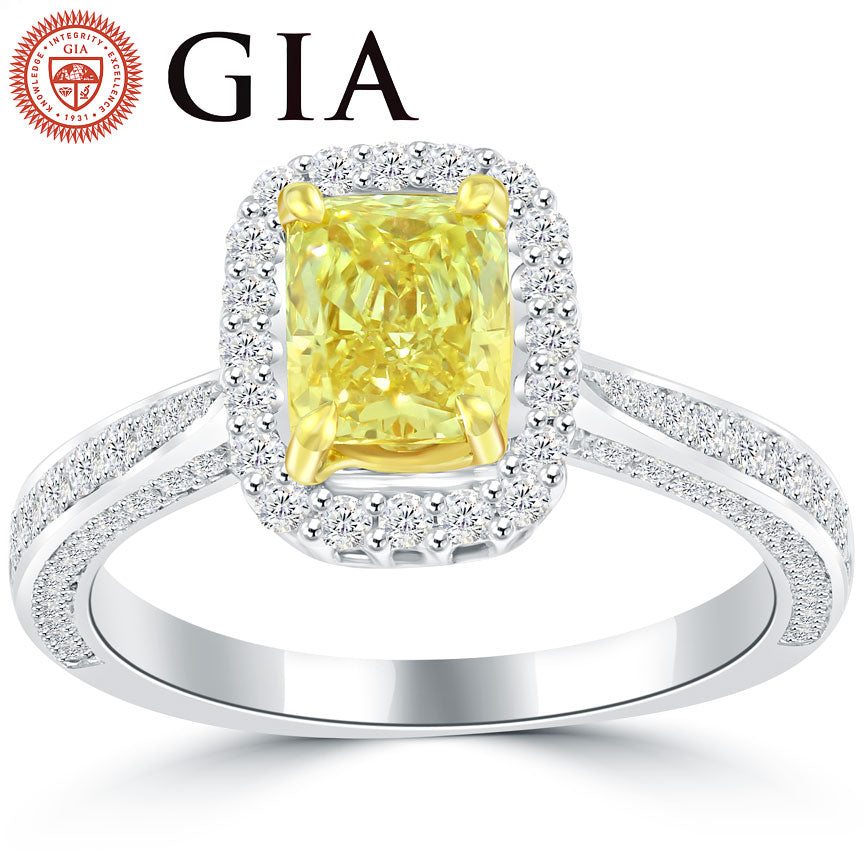 1.90 Carat GIA Certified Fancy Intense Yellow Diamond Engagement Ring 14k Gold