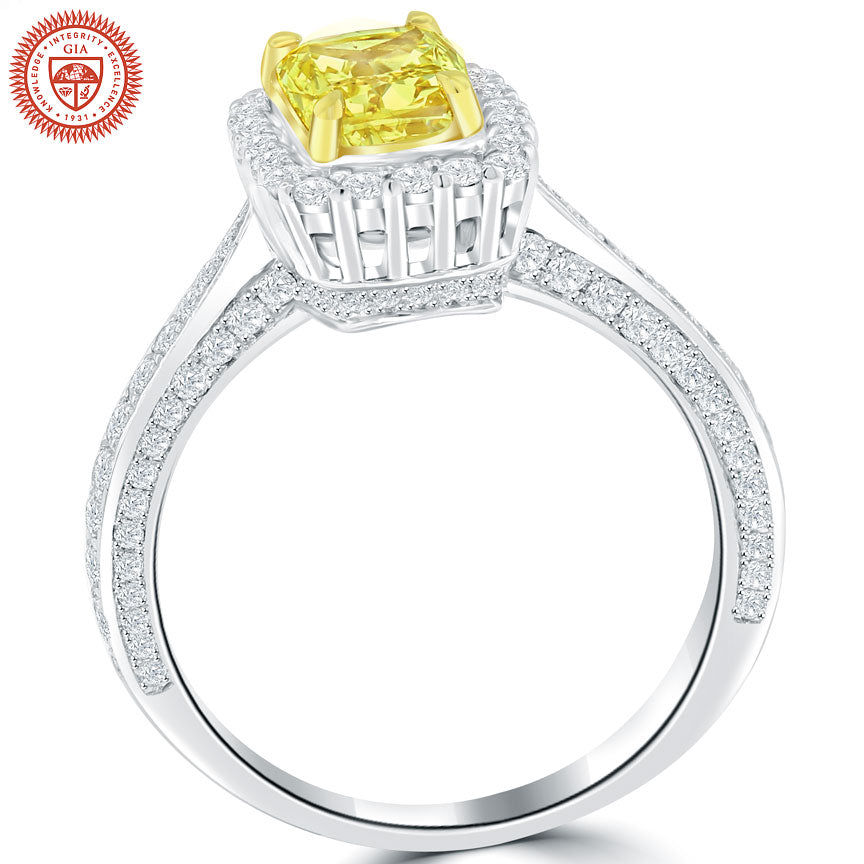 1.90 Carat GIA Certified Fancy Intense Yellow Diamond Engagement Ring 14k Gold