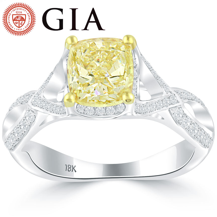 2.02 Carat GIA Certified Fancy Intense Yellow Diamond Engagement Ring 18k Gold