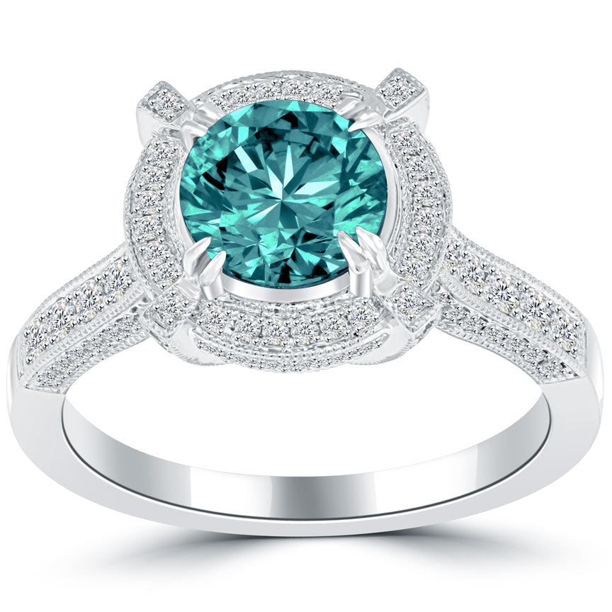 2.21 Carat Fancy Blue Diamond Engagement Ring 18k White Gold Vintage Style